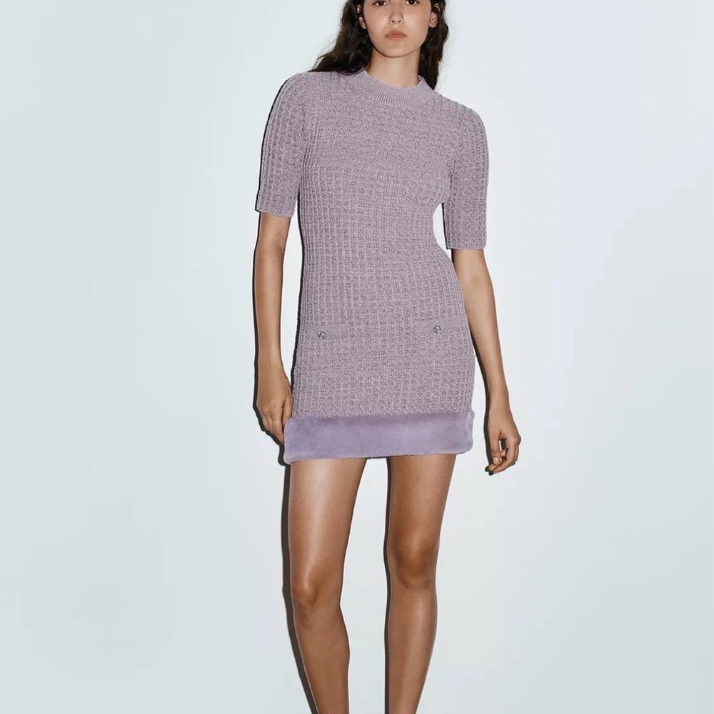 Zara Lilac Knit Mini Dress with fur trim